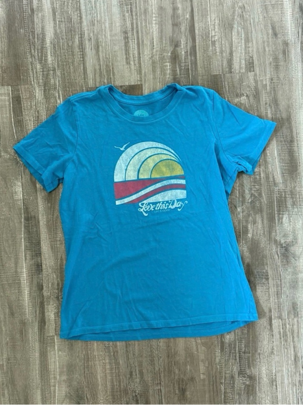 Life Is Good Teal Graphic Tee with Retro Sunset